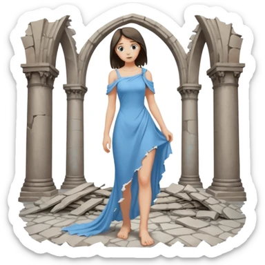 Female figure standing barefoot in ruined cathedral, dress slipping from shoulder sticker