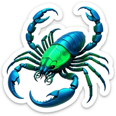 3D render of Radioactive Scorpion, bioluminescent deep sea style, glowing neon blue and green lights, dark background to contrast the glow, translucent organic textures, more emission. sticker