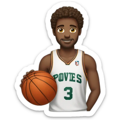 White man in a basketball jersey holding a basketball sticker