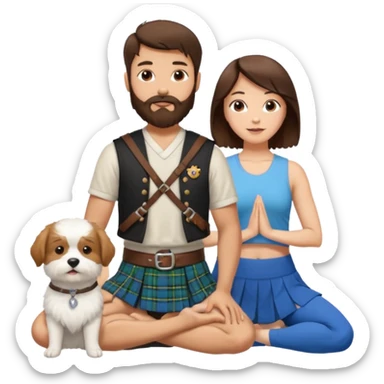 emoji of brunette man with beard wearing kilt, brunette woman in yoga outfit and one white fluffy dog sticker