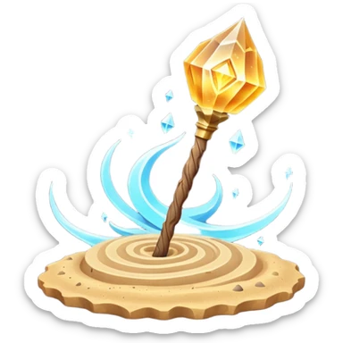 desert sand mage staff object icon, ancient wooden staff, swirling sand crystal on top, glowing golden aura, small floating sand particles, fantasy desert style, 3D cartoon, mobile game icon style, centered, clean background, soft shadow, no text, no watermark
 sticker