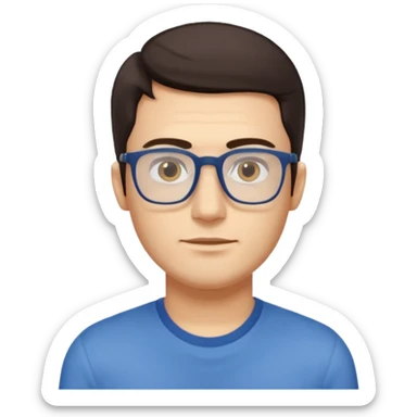 a young man around 30 years old, dark brown eyes, with dark brown hair, longer rectangular face, longer jaw, light yellow skin color, small eyes with rectangle shape glasses, without beard, no forehead wrinkles, wear deep blue shirt sticker