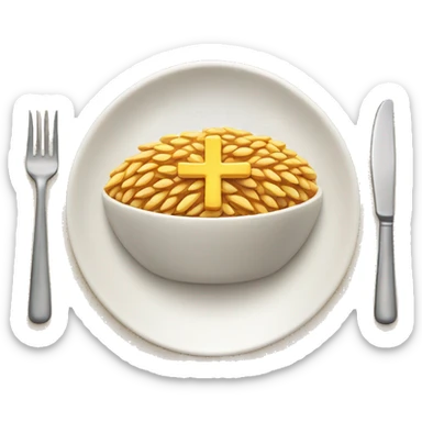 a plate with cooked wheat on top and a cross in the middle sticker