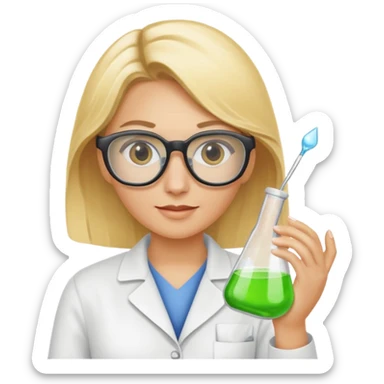 Eine hellblonde Chemikerin mit Kittel, großer Labor-Sicherheitsbrille und typischem Erlmeyerkolben in der Hand sticker