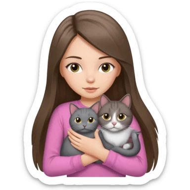 a white girl with brunette long straight hair holding a grey cat. the girl has long lashes and has on a pink shirt and gold jewelry. sticker