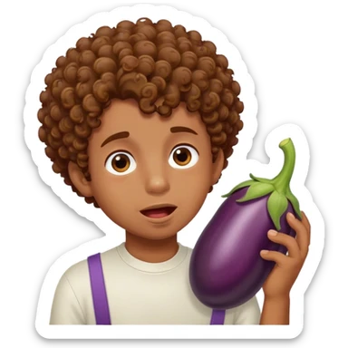 brown curly haired boy drooling for some eggplant sticker