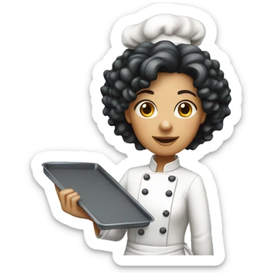 a white black curly hair female pastry chef, full body standing up holding a baking tray sticker