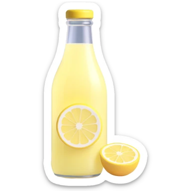 glass bottle of pale yellow lemonade, slightly translucent with a lemon slice, fresh look, no straw, clean 3D style, soft lighting sticker