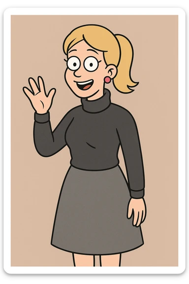 Women Medium Blonde median ponytail hair pink circle earrings Charcoal Athens Merino Wool Roll Neck Jumper Grace skirt a hand say hello sticker