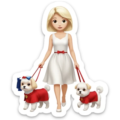 blonde woman wearing white, walking a small maltese dog. sticker