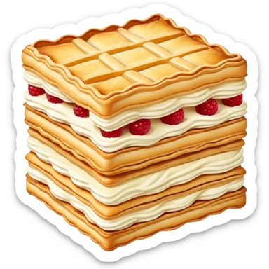 Mille-feuille Cinematic Realistic Mille-Feuille Dessert Emoji, depicted as a delicate pastry composed of two crisp layers of puff pastry with a rich cream filling, rendered with intricate textures and elegant, soft lighting. sticker