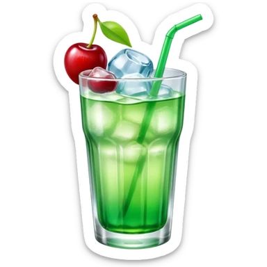 Create an emoji with a very clear rounded glass and ice, bright transparent green soda , a smooth vanilla scoop circle shape, a glossy red cherry, using vibrant colors, soft shading, and clear glass highlights.
 sticker