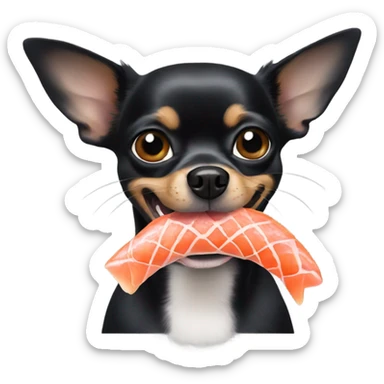 Black chihuahua with salmon in mouth sticker