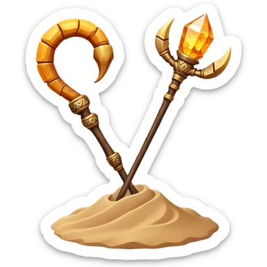 desert sand mage staff object icon, staff topped with a scorpion-shaped sand crystal, glowing amber aura, tribal desert carvings, floating sand dust, 3D cartoon, mobile game icon style, centered, clean background, no text, no watermark
 sticker