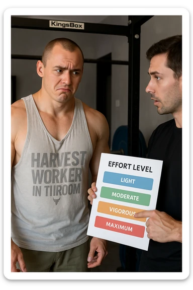 Realistic vertical image of a man in a gym, with face and physique identical to the reference photo, looking at a trainer showing a chart with different effort levels. Doubtful expression, realistic atmosphere. sticker