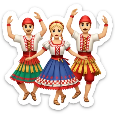 Cinematic Realistic Linđo Dance Emoji, depicted as a traditional Croatian folk dance with lively movements and colorful costumes, rendered with dynamic textures and vibrant festive lighting that captures its cultural vibrancy. sticker
