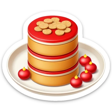 Chinese New Year Nian Gao sweet rice cake with red decorations, simplified emoji style with bold outlines and bright colors, cartoon style sticky new year dessert sticker