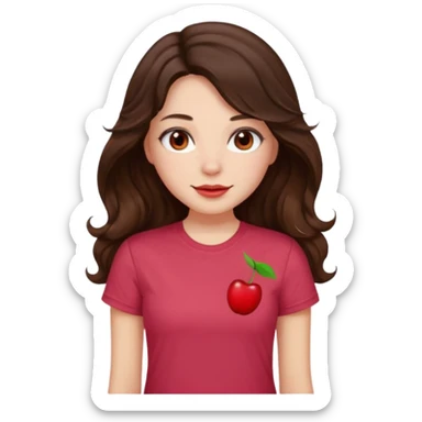 Brunette girl with long wavy hai length hair and blush, wearing cherry red tshirt sticker
