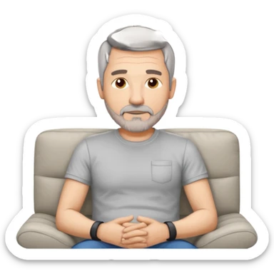 a 50 year man, short grey hair, stubble beard, laying on a ottoman of a light grey cord sofa, front view sticker