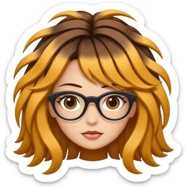 Uma garota de cabelos cacheados compridos e mechas loiras, com pele morena clara e óculos sticker