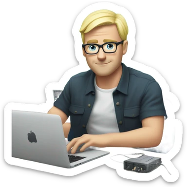 man looks 35 classes, european, tech nerd love pcb designing, blond short hair, blue eyes with specs behind macbook on the desk with green pcb laying and a oscilloscope  sticker
