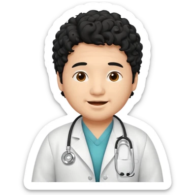 a young asian chubby male doctor with very black long curly hair and cheerful face without gpasses sticker