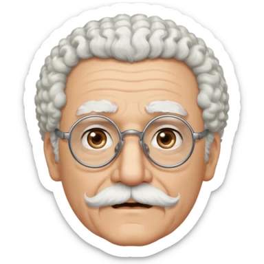 An elderly man emoji with light skin, fluffy curly white hair, thick white eyebrows, brown eyes behind black-framed glasses, a narrow pointed face, and a thin straight white mustache above his mouth. sticker