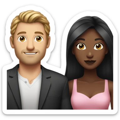 A handsome white man with long hair that is brown and a pretty black woman who has long black hair and she is wearing a pink dress and they are a couple sticker