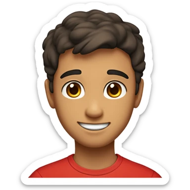 A close-up of a boy with short dark brown hair, thick eyebrows, brown eyes, and a round face with dimples. He is slightly smiling, wearing a red t-shirt, and the background includes a window with blinds and natural lighting. sticker