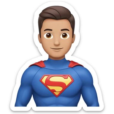 Emoji-style illustration of a friendly man in a blue superhero suit. The suit is sleek and modern, with a large empty space on the chest for a logo. The man has a cheerful expression, clean-shaven face, and a confident but kind pose. Bright, minimalistic design with clear lines and expressive features. sticker