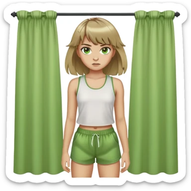 create an emoji of a feirce looking girl with light green siren eyes, dark blonde hair with curtain bangs, wearing an outfit kind of like lara croft sticker