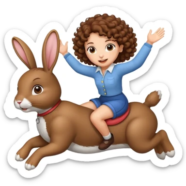 cute woman short tight curly brown hair riding bouncing rabbit sticker