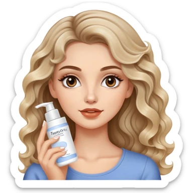 beautiful brunette with a slightly blonde balayage white girl with nice curls/defined waves, very long hair, clean girl makeup APPLYING A FACE CREAM ON HER FACE sticker