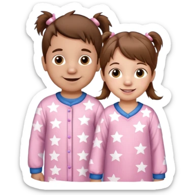 A toddler girl with brown hair with two pig tails, wearing pink pajamas with white stars on them. With a 4 year old boy with spikey brown hair, wearing blue pajamas with white stars on them. Both light skin and smiling. sticker