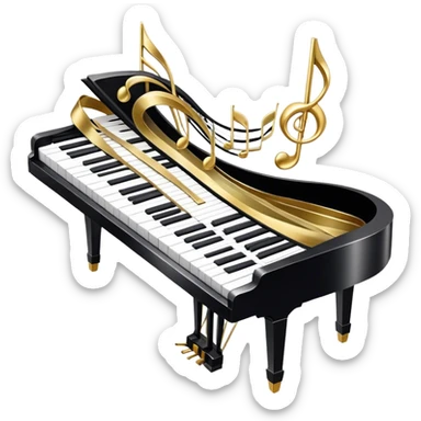 Create a detailed and elegant emoji collage representing keyboard instruments in a celebratory and professional style, reminiscent of a coat of arms. The design should feature a central arrangement of black and white piano keys, forming a symmetrical, powerful image. Around the keys, include a flowing ribbon of musical notes that intertwines with the keys, creating a sense of movement and harmony. Use gold and silver accents to highlight the keys and musical notes, giving the design a festive, high-quality appearance. The design should convey professionalism, elegance, and a sense of occasion. Add subtle reflections on the piano keys to enhance the polished look. The background should be transparent. sticker
