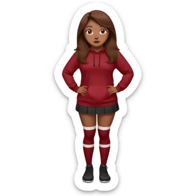Curvy pretty brown girl with long brown hair, wearing a dark deep red sweatshirt with tall black socks sticker