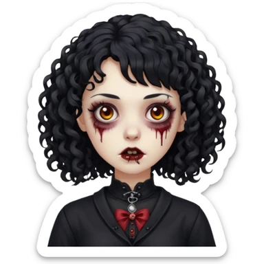 Faça uma mulher zumbi com o cabelo cacheado médio, e uma franja cacheada, cabelo preto e deixe ela meio gótica. sticker
