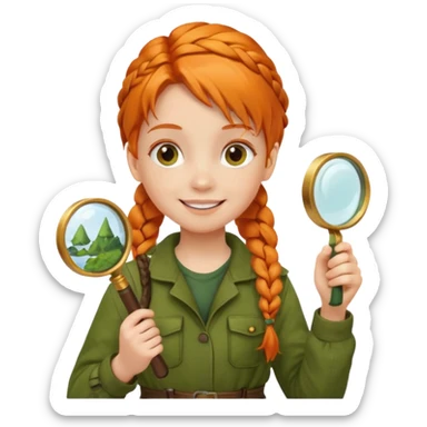 braid orange haired girl kid in moss green explorer outfit, holding magnifying glass, smile sticker