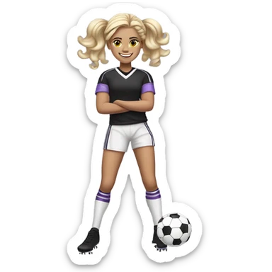 12 YEAR OLD GIRL, FOOTBALL PLAYER, BLONDE, LONG HAIR WITH CURLERS AND HAIR UP, KICKING THE BALL, SMILING, WHITE COMPLEXION, BLACK T-SHIRT AND LILAC DETAILS, BUT WITHOUT STRIPES sticker