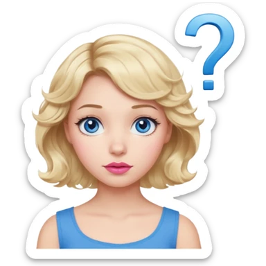 Girl Blonde short wavy hair,  blue eyes, cute blue top, long lashes, pink lips, question mark sticker