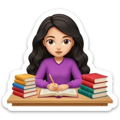 a pretty tan bratz girl with black wavy long hair studying. Pile of books on the table. No glasses sticker