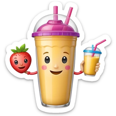 un vector de vaso de batido animado, de caricatura, con tapa y pitillo, que tenga brazos y piernas, cara tierna y que inspire confianza y amabilidad sticker