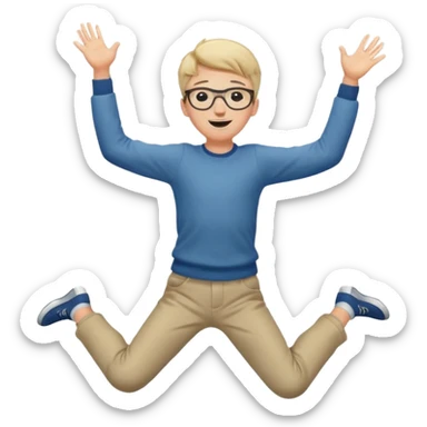 Very excited boy, jumping for joy, full body, eyes closed, wearing glasses sticker