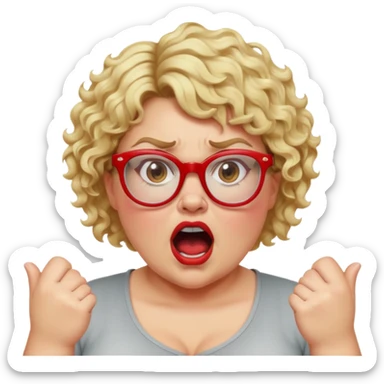 blonde woman with short curly hair, slightly overweight, wearing red-framed glasses, shouting with hands on sides of mouth, angry and proud expression sticker