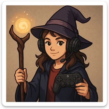 a girl wizard who is also a gamer, holding a magic staff and a game controller, wearing a wizard hat and headphones sticker