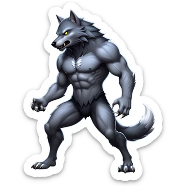 cinematic-noble-fierce-werewolf-full body-emoji, poised-and-imposing, with a tall, slender, muscular frame, fur rippling in shades of midnight black and silver, eyes glowing with an intense, primal ferocity, reflecting the untamed power of the wild moonlit night; rendered with realism sticker