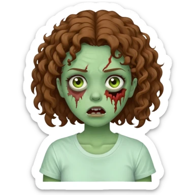 Zombie girl with curly brown hair como emoji de iphone y con la boca un poco lastimada haz que tenga una simple remera blanca puesta pero que sea zombie verde sticker