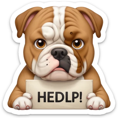 english bulldog holding a sign that says 'need help', looking concerned sticker