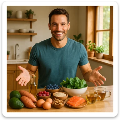 a healthy, smiling man in a sunlit kitchen with wooden accents, surrounded by avocados, sweet potatoes, olive oil, berries, quinoa, eggs, leafy greens, nuts, salmon, and herbal teas, gesturing toward his favorite foods, vibrant and modern lifestyle photography sticker