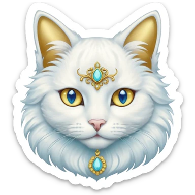 White Cat art nouveau with gold and cyan jewelry and heterochromatic blue and yellow eyes  sticker